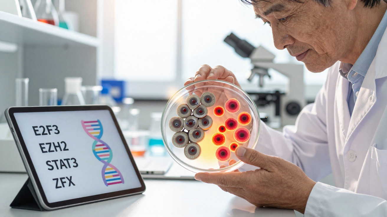 Scientist examining petri dish with coloured cell cultures, tablet displaying gene names and DNA helix in lab.