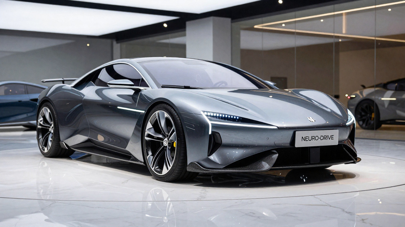 Sleek silver electric sports car with aerodynamic design displayed in a modern showroom under bright lighting.