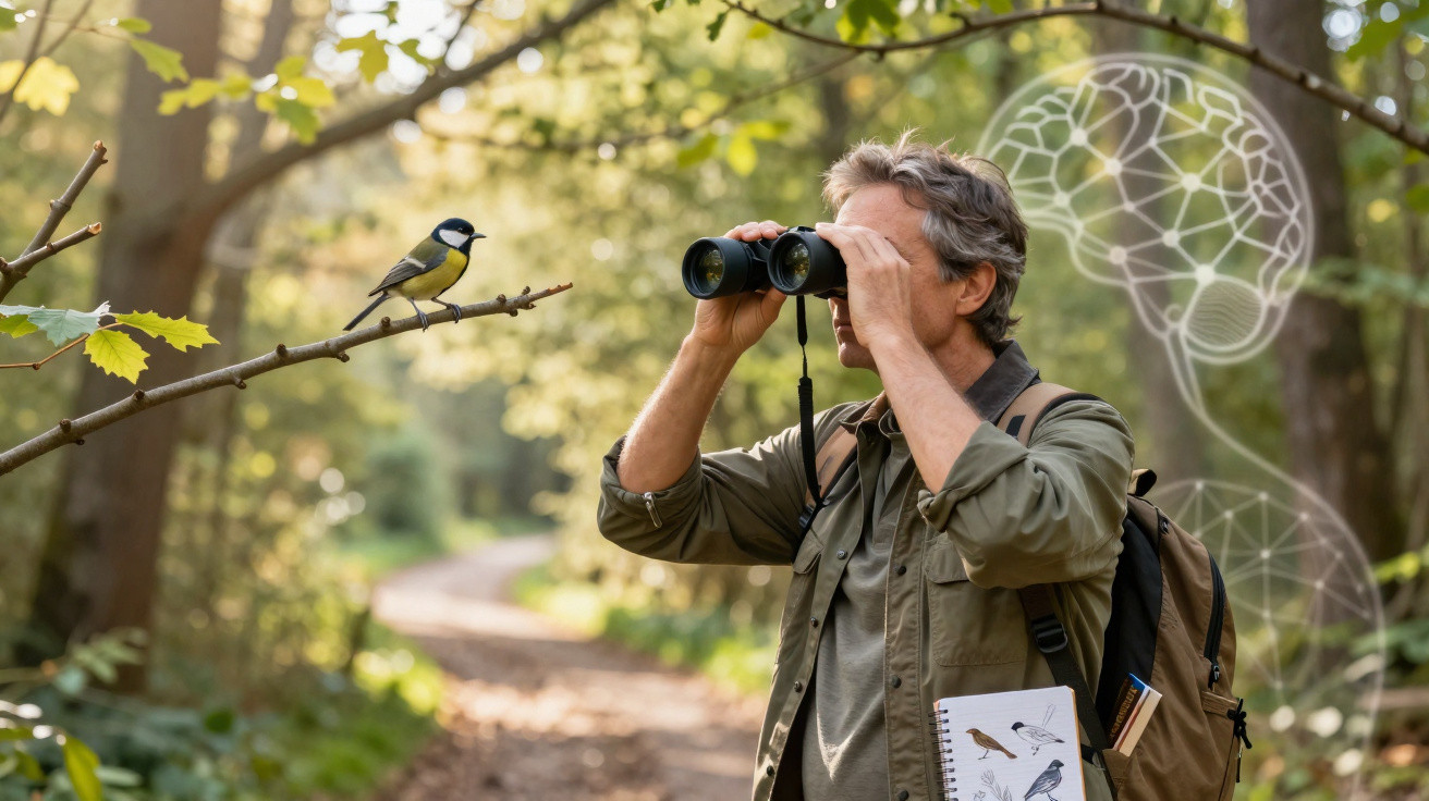 Man birdwatching with binoculars in woodland, observing a small bird perched on a branch.