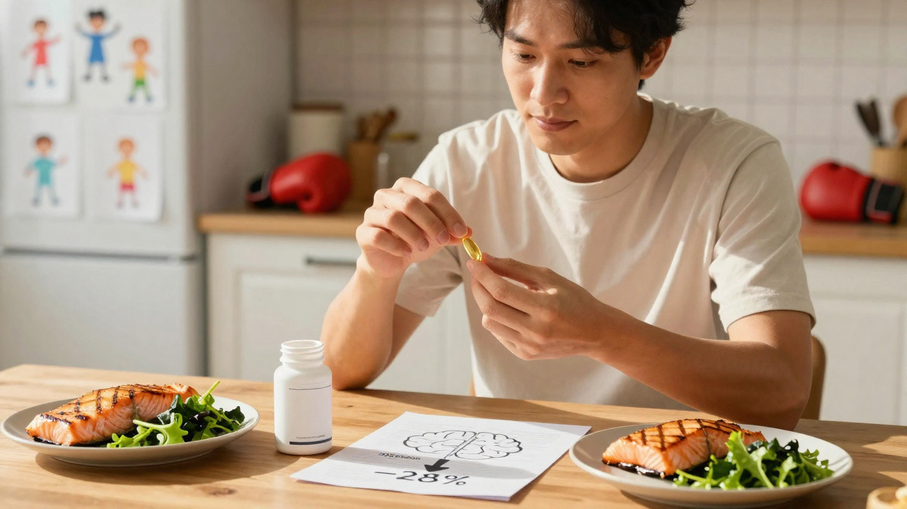 Man holding a fish oil capsule with two plates of salmon and salad on the table in a kitchen.