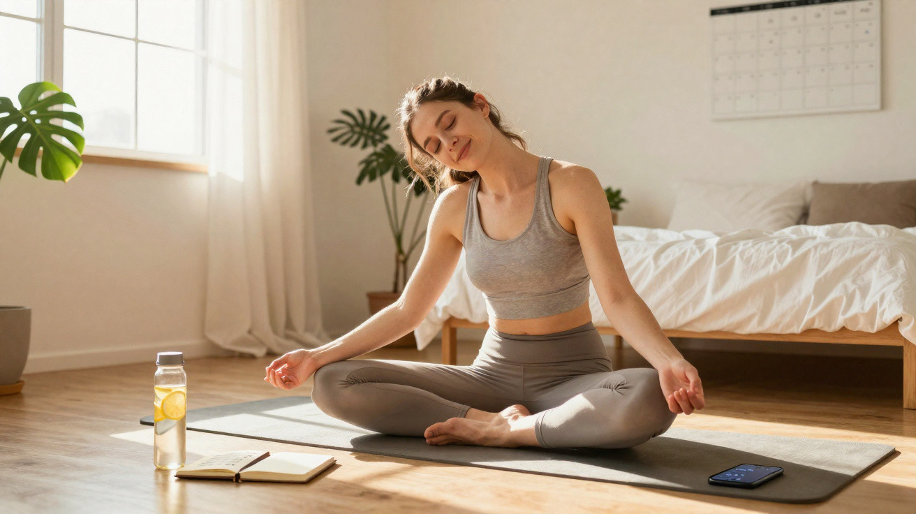 Young woman in activewear meditating on a yoga mat in a sunlit bedroom with plants and a water bottle nearby.