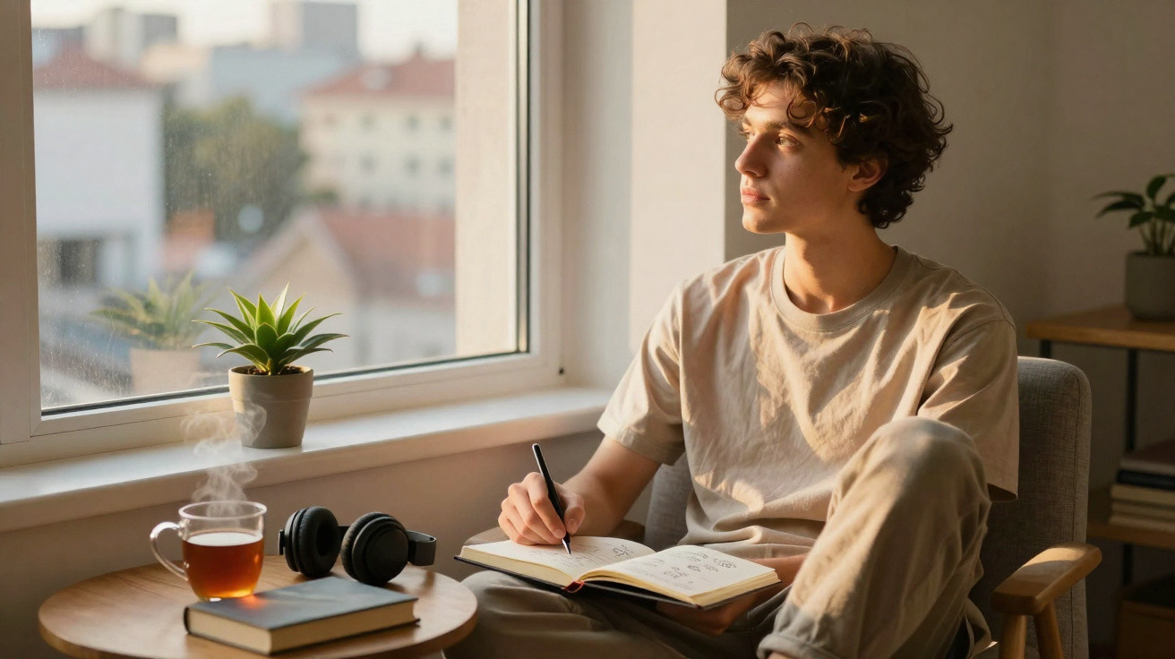 Young man sitting by a window writing in a notebook with a steaming cup of tea and headphones nearby.