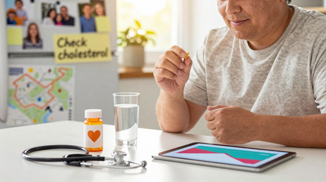 Middle-aged man holding a pill with a glass of water, stethoscope, tablet, and cholesterol check note on fridge.
