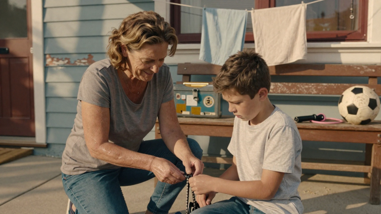 An older woman and a young boy sitting outside near a bench, focused on tying a rope or cord together.