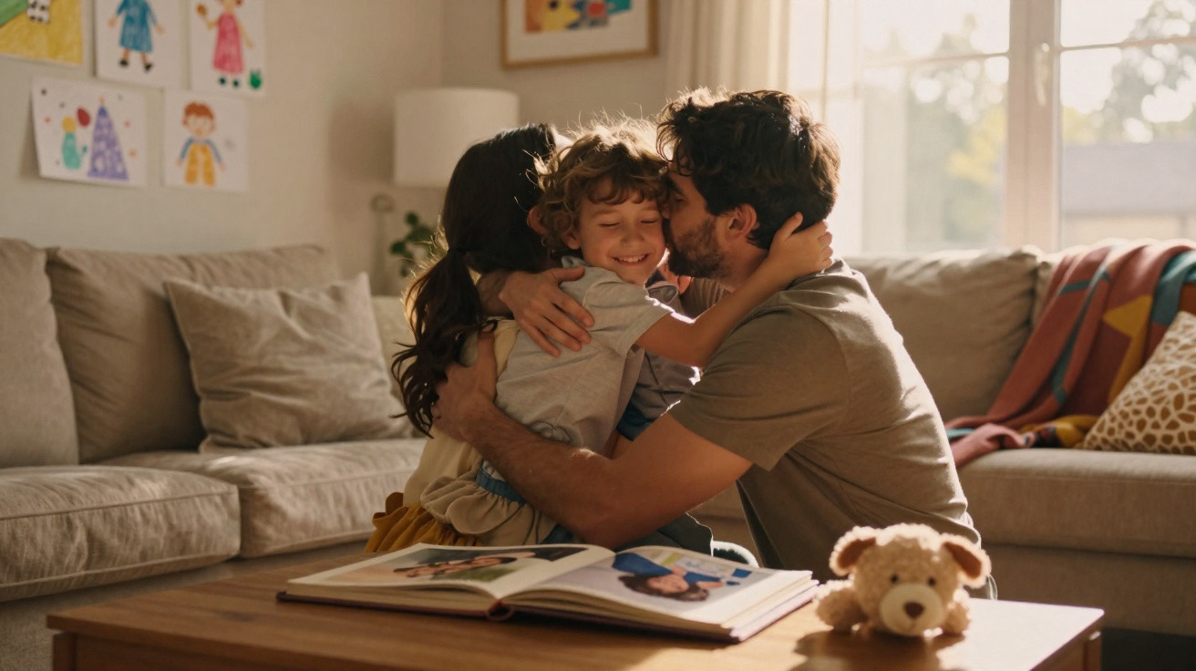 Family of three embracing happily in living room with photo album and teddy bear on table.