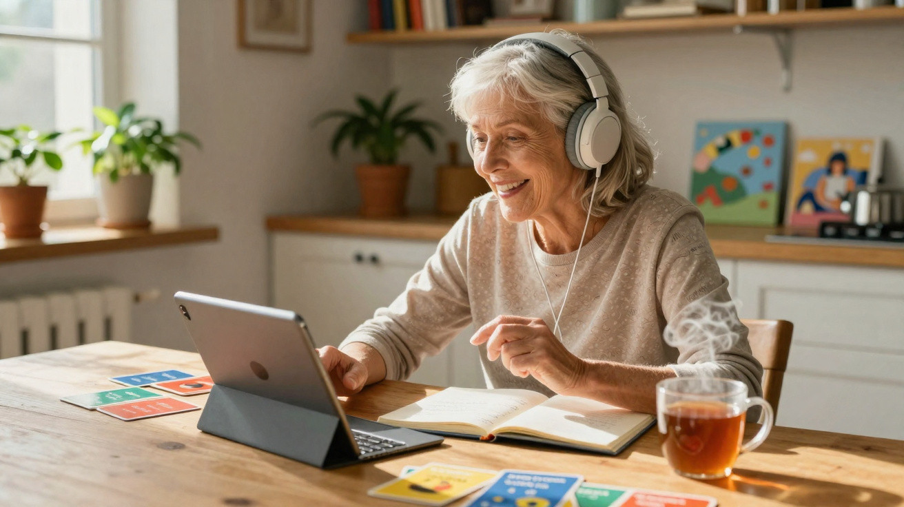 Elderly woman wearing headphones, smiling while using a tablet and notebook at a wooden kitchen table.