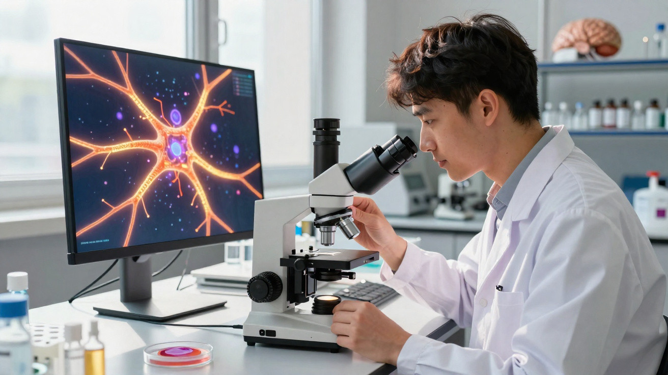 Scientist in a lab coat examining samples under a microscope with a neuron image displayed on a computer screen.