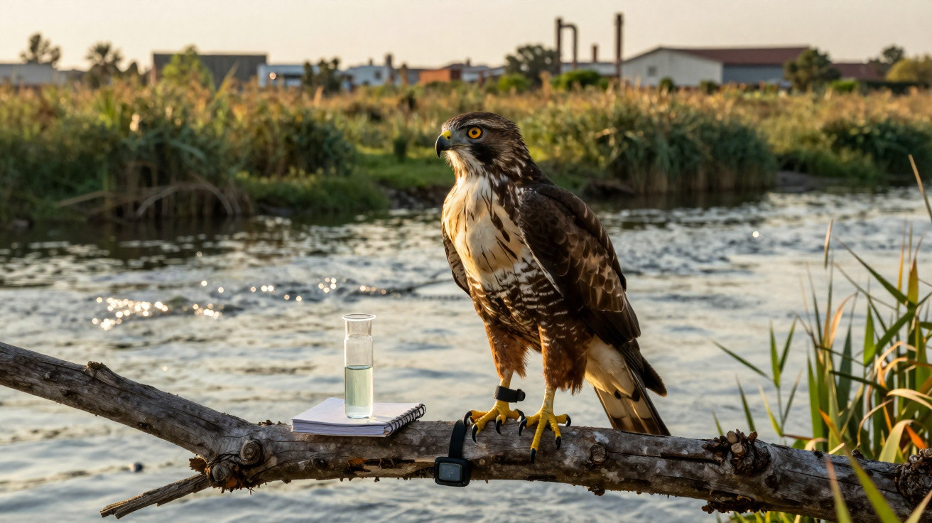 Bird of prey perched on a branch over water with a notebook and a small bottle beside it at sunset.