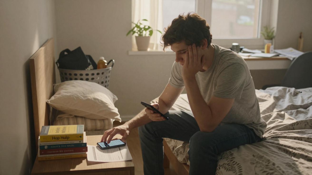 Young man in casual clothes sitting on bed using two smartphones in a softly lit bedroom.
