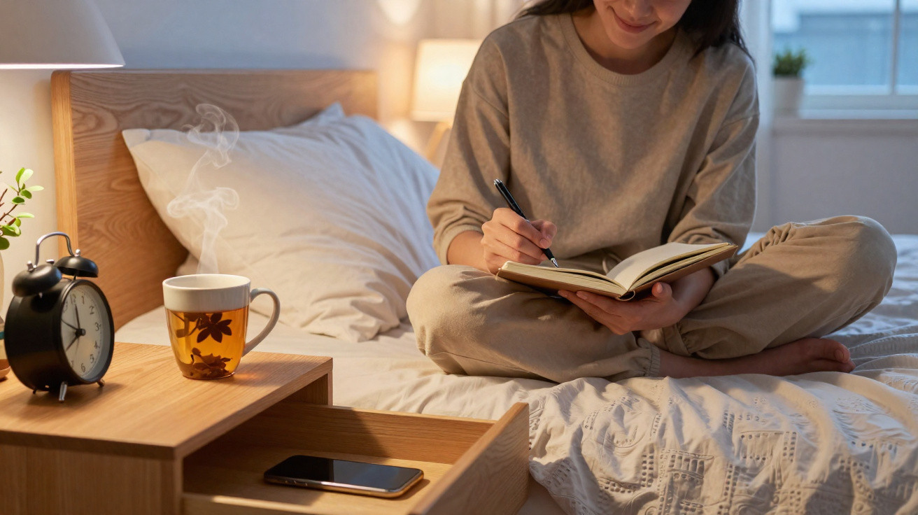 Woman sitting cross-legged on bed writing in a journal with a steaming cup of tea and alarm clock nearby.