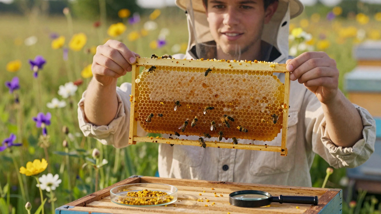 Beekeeper holding honeycomb frame with bees in a flower-filled meadow on a sunny day.