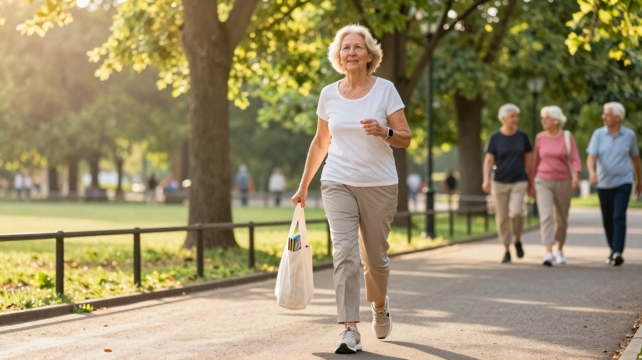 Older woman walking with a tote bag on a sunlit park path with three other elderly people in the background.