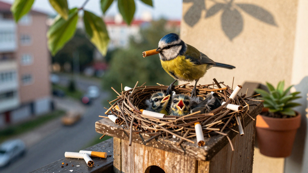 Blue tit bird with cigarette in beak feeding chicks in nest surrounded by cigarette butts on balcony railing.
