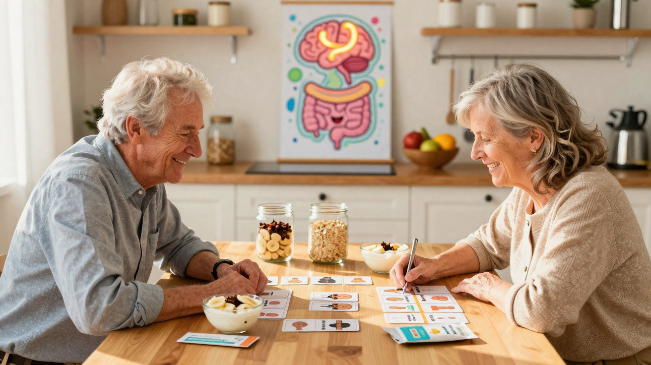 Elderly couple sitting at a kitchen table playing a card game with health-related illustrations.