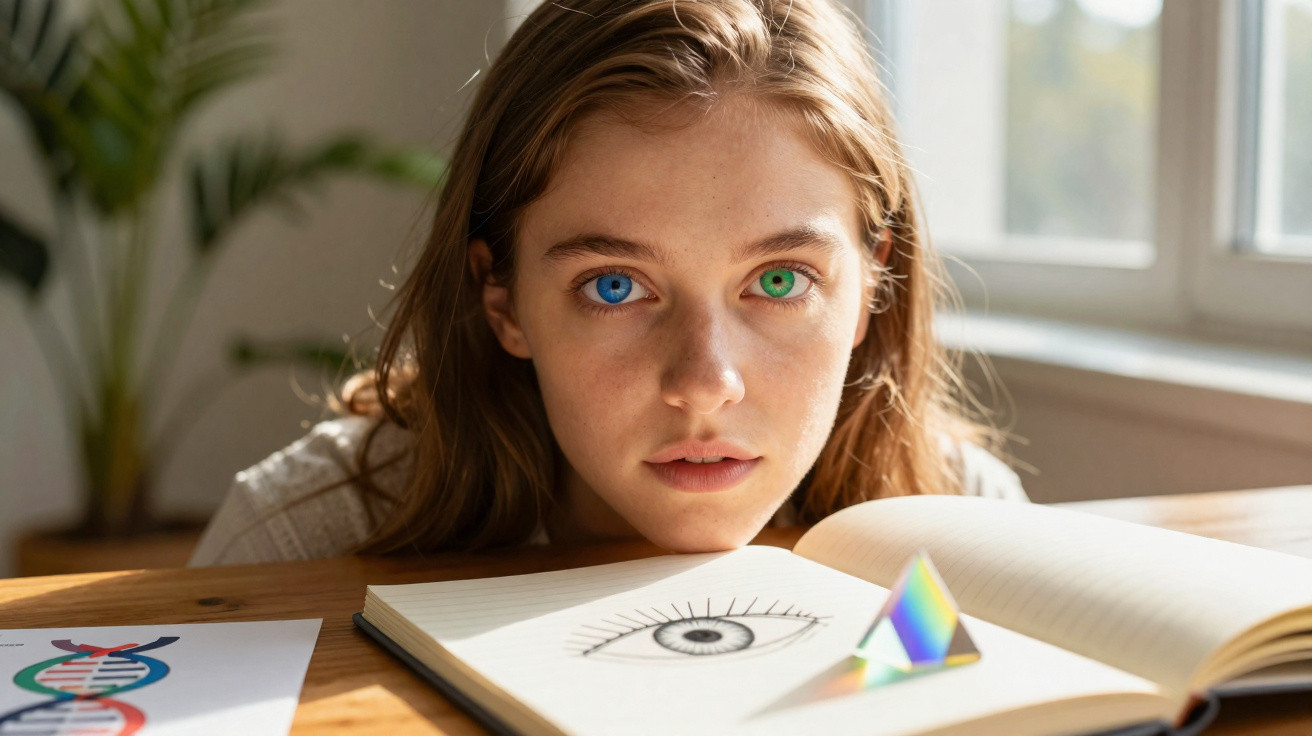 Young woman with heterochromia, one blue eye and one green eye, leaning on a desk with an open sketchbook and a prism.