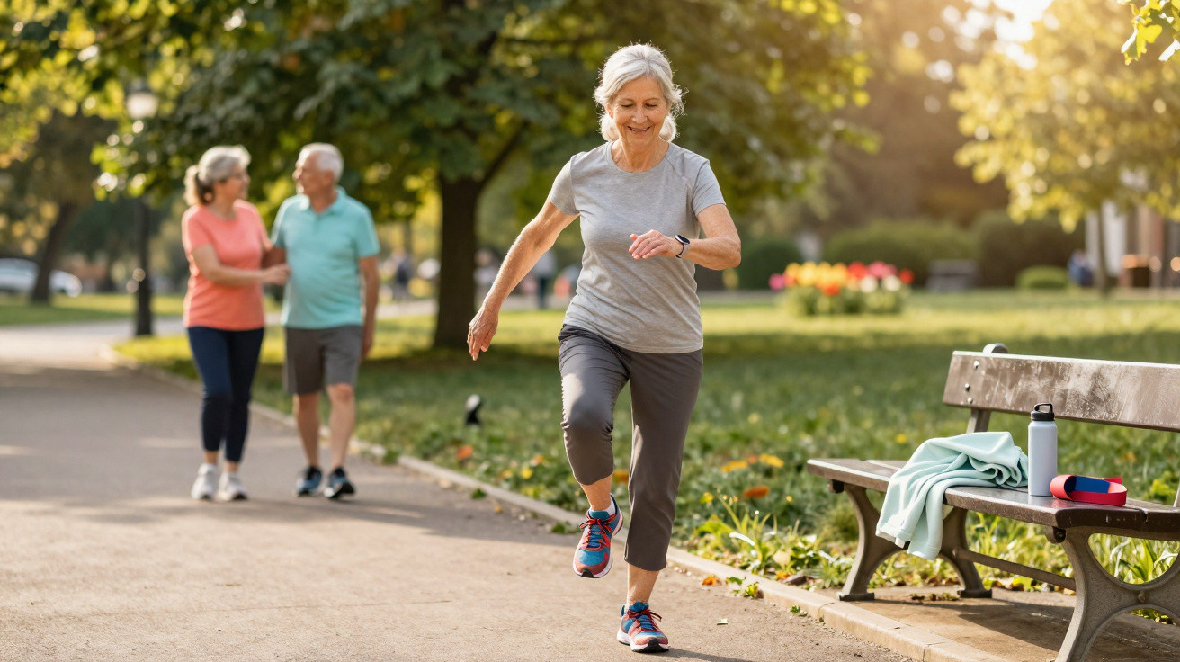 Active elderly woman exercising in a park with two people walking in the background on a sunny day.