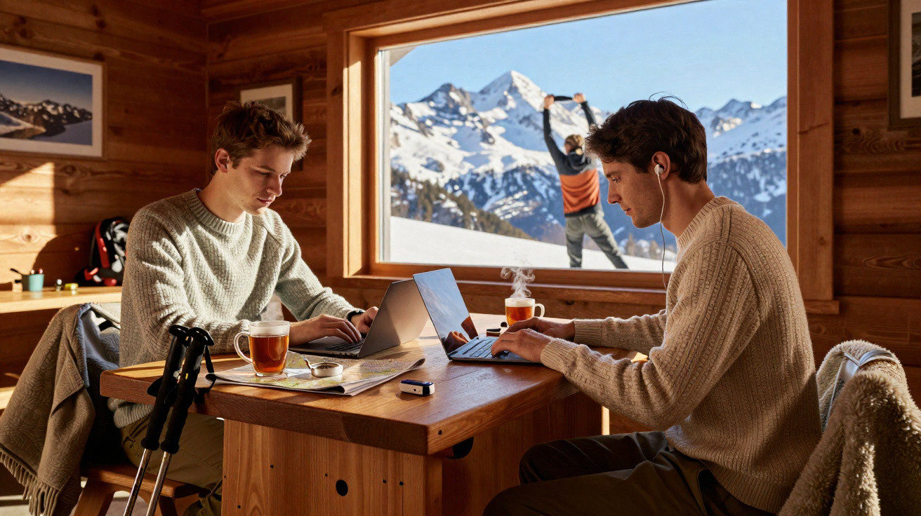 Two men working on laptops inside a wooden cabin with snowy mountains visible through the window.
