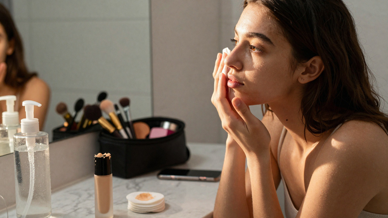 Young woman applying makeup primer in front of a mirror with brushes and cosmetics on the counter.