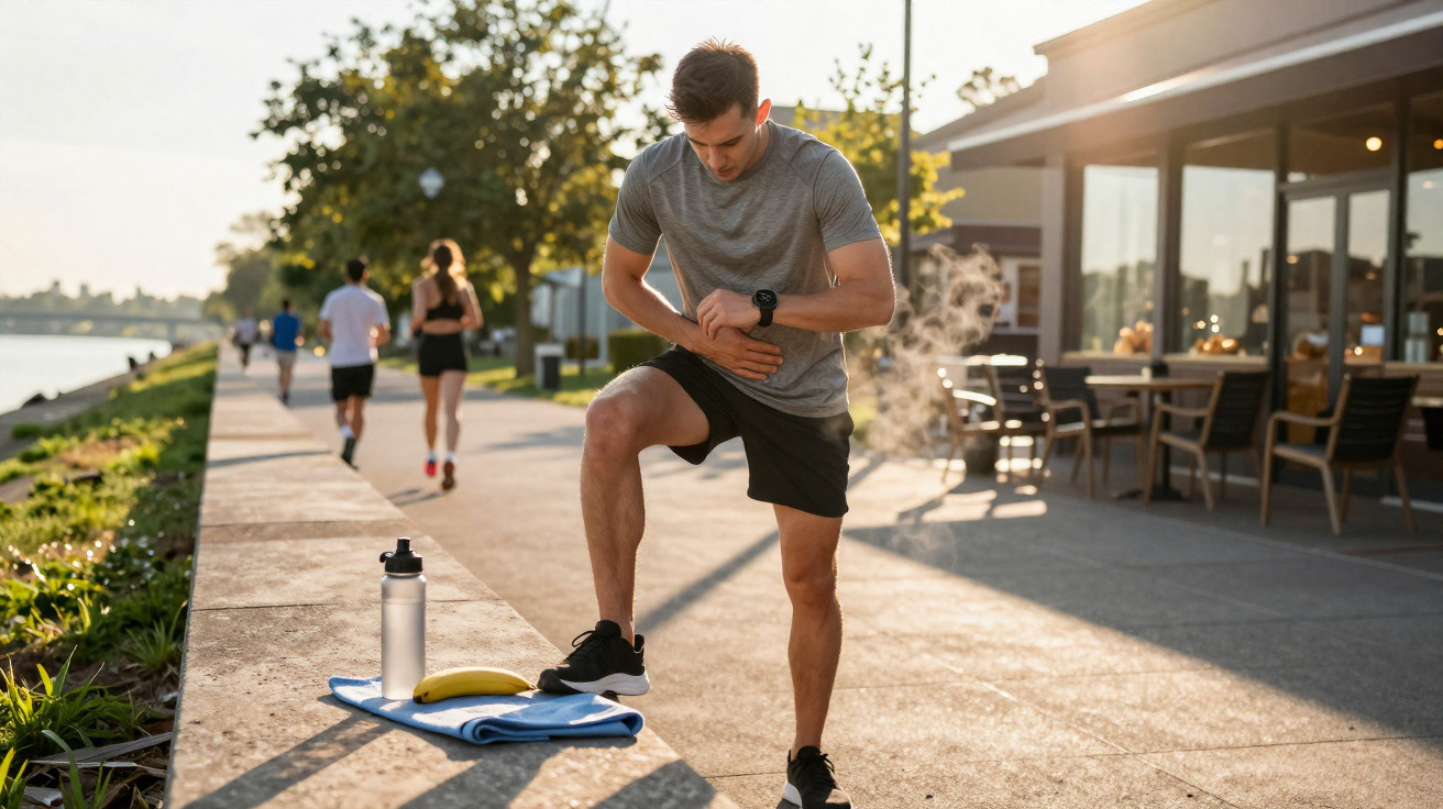 Man standing outdoors on a pathway checking his smartwatch, next to a towel, water bottle, and banana.