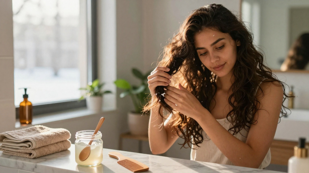 Woman applying hair treatment at a bright bathroom counter with natural light and plants in the background