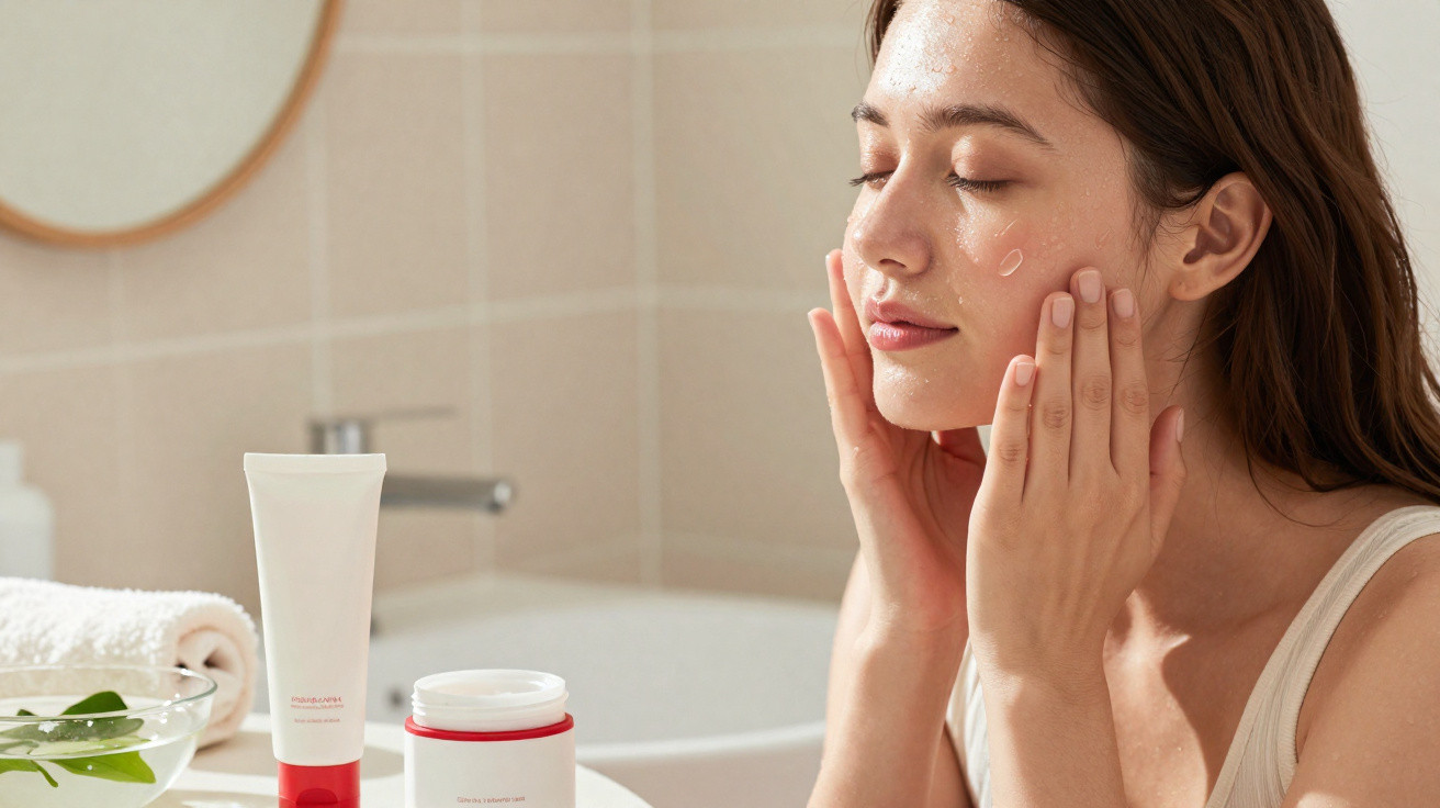 Young woman gently applying cream to her face in a bright bathroom setting