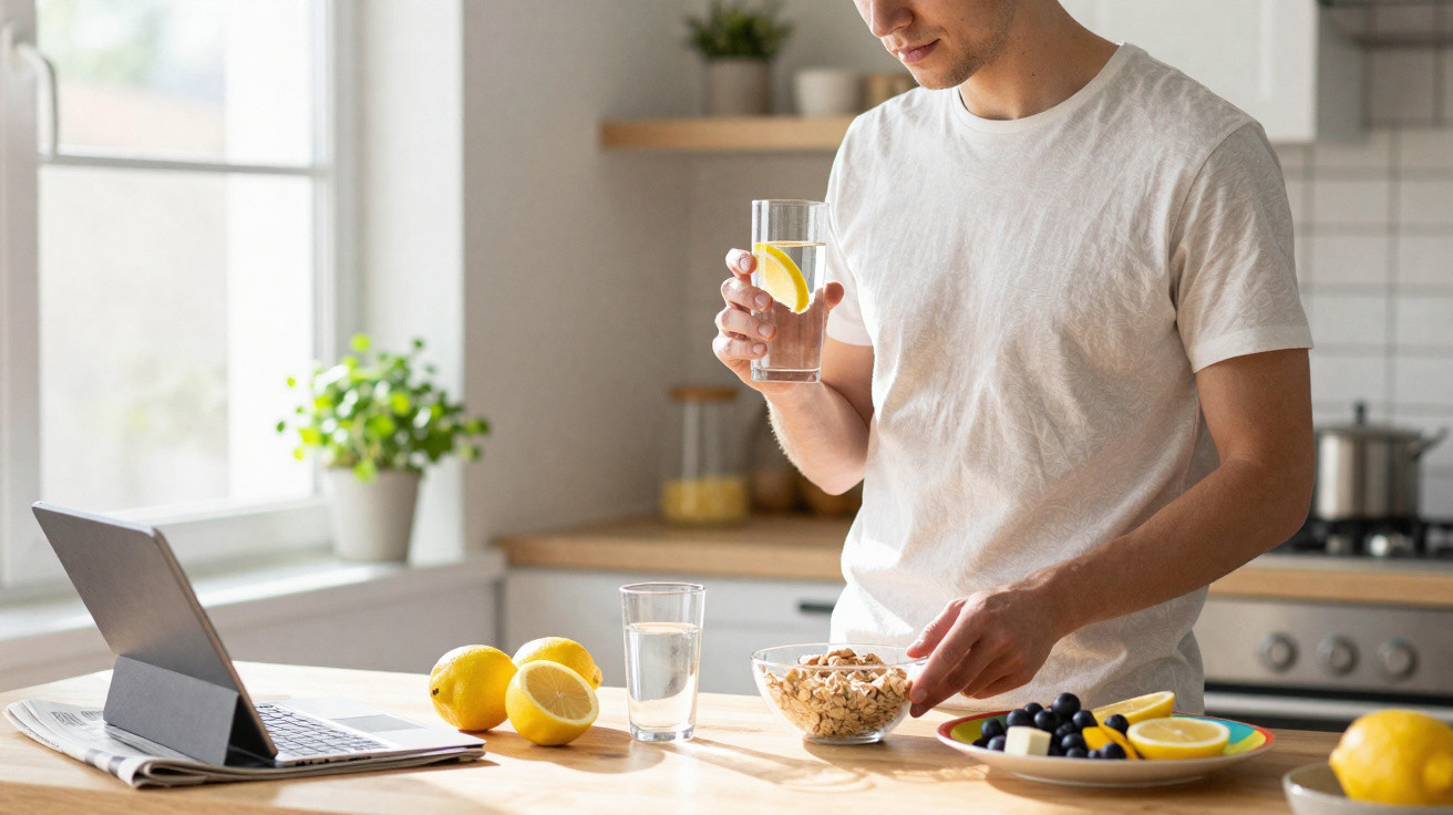 Man in white t-shirt eating cereal and drinking lemon water in bright modern kitchen with laptop nearby.