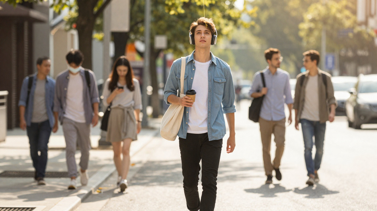 Young man wearing headphones and holding a coffee cup walking on a sunny city street with people in the background