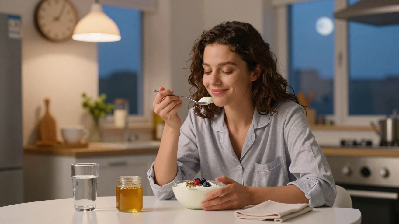Woman in grey pajamas enjoying a bowl of yogurt with berries at a kitchen table in the evening.