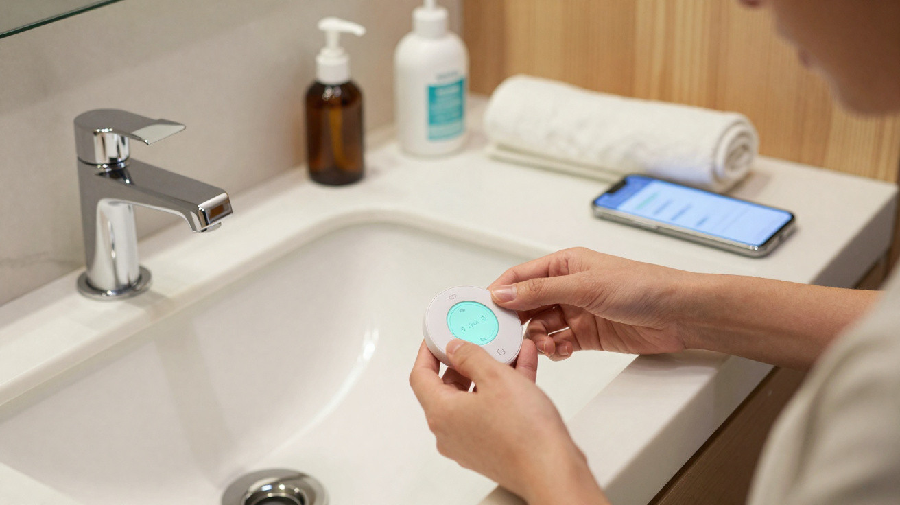 Person holding a small round digital device over a bathroom sink with toiletries and smartphone nearby.