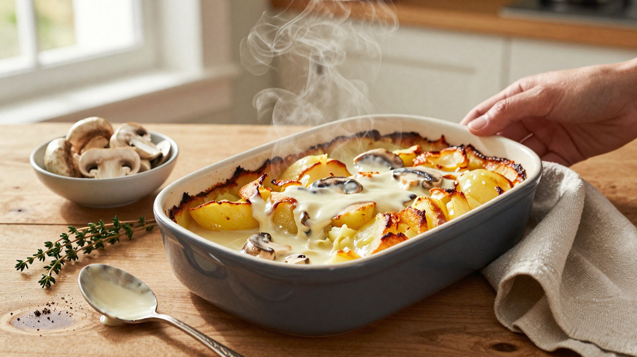 Steaming mushroom and potato gratin in a baking dish on a wooden table with fresh thyme and spoon nearby