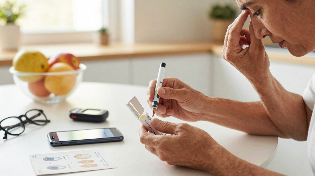 Man pricking finger with lancet to test blood sugar at kitchen table with glasses, phone, and glucose monitor nearby.