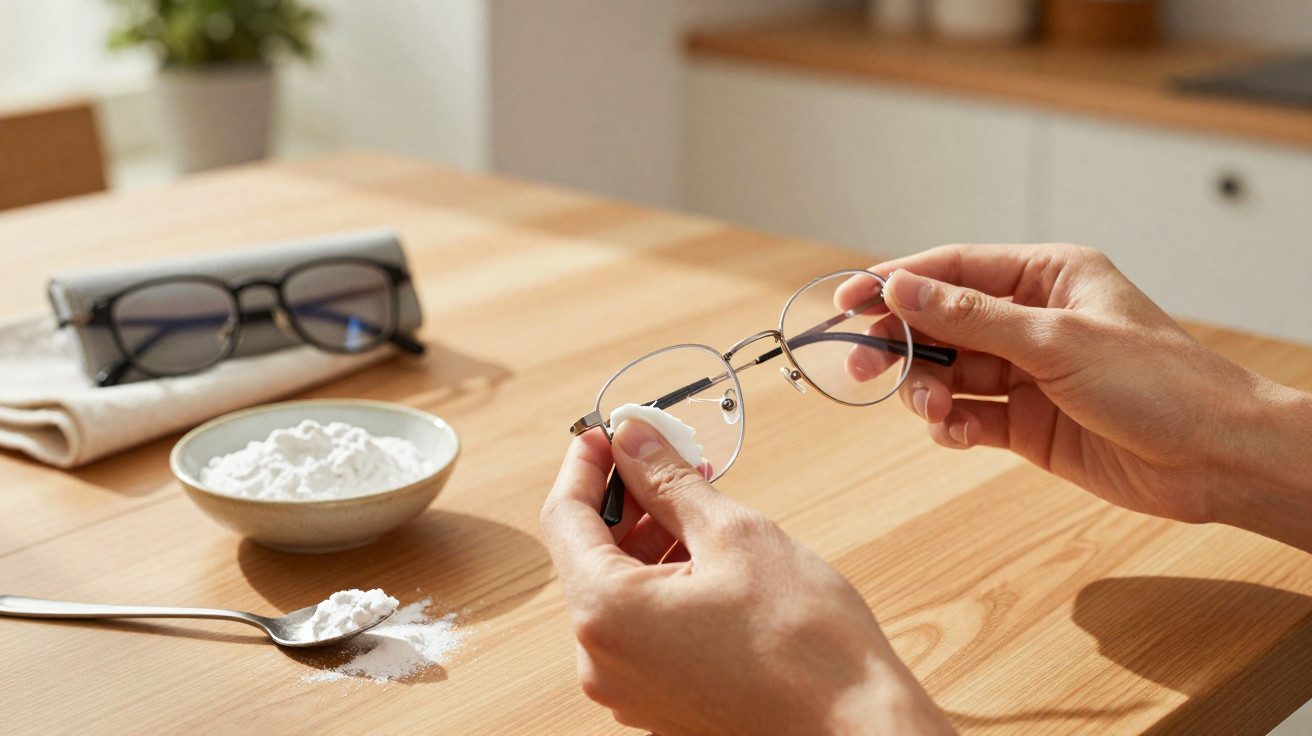 Person cleaning eyeglasses with a cloth on a wooden table with baking soda and sunglasses nearby.
