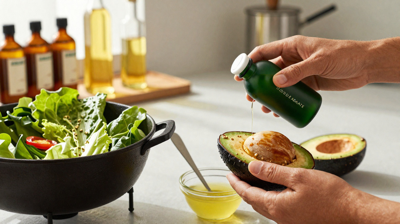 Person pouring oil from a green bottle onto a halved avocado with salad greens and oils in the background.