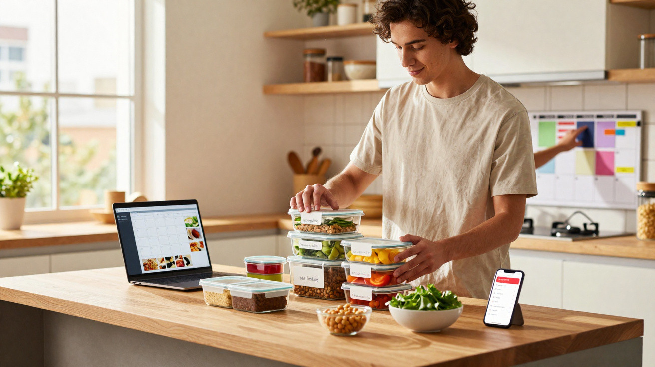 Young man organising labelled meal prep containers on kitchen island with tablet and smartphone nearby.