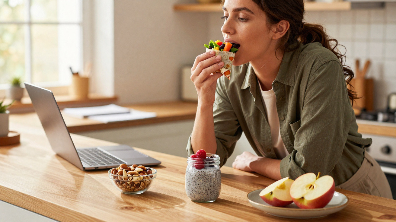 Woman eating a vegetable wrap while working on a laptop at a kitchen counter with healthy snacks nearby.