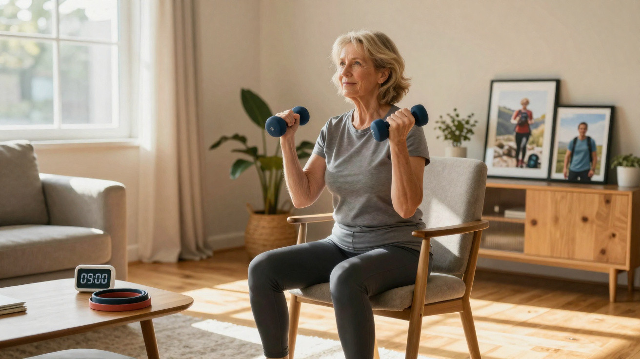 Older woman in grey workout clothes sitting on a chair lifting dumbbells in a sunlit living room.
