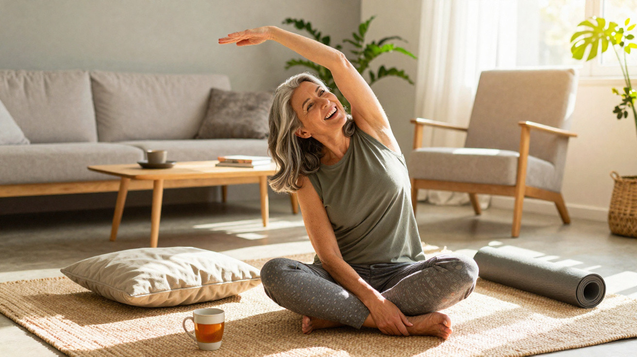 Middle-aged woman stretching on a rug in a sunlit living room with yoga mat and coffee cup nearby.
