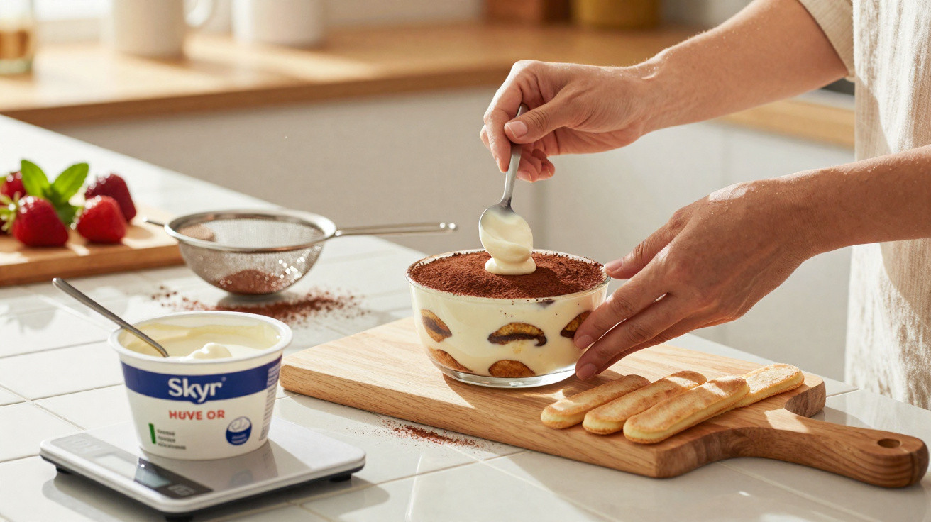Hands spooning cream over tiramisu in a glass bowl on a wooden board with ladyfingers and cacao powder nearby.