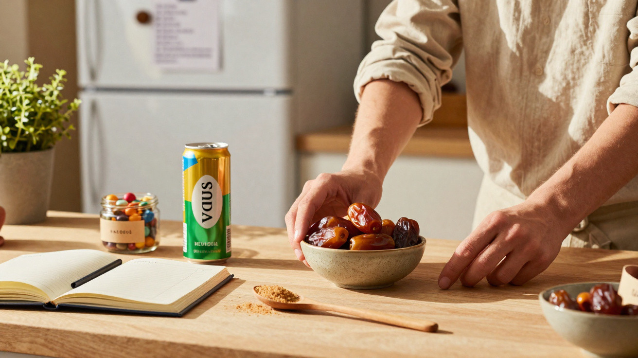 Person holding a bowl of dates on a wooden kitchen table with a notebook, spoon, and drink can nearby.