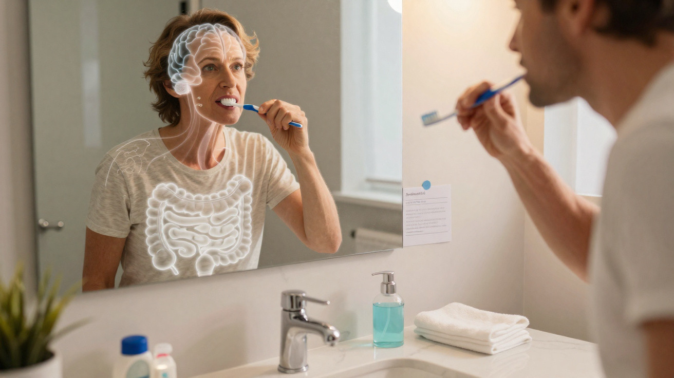 Person brushing teeth in bathroom mirror with translucent illustrations of brain and digestive system.