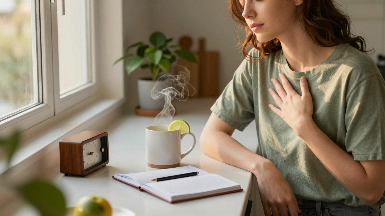 Woman sitting at a table by a window with a steaming cup, open notebook, pencil, and a small clock nearby.