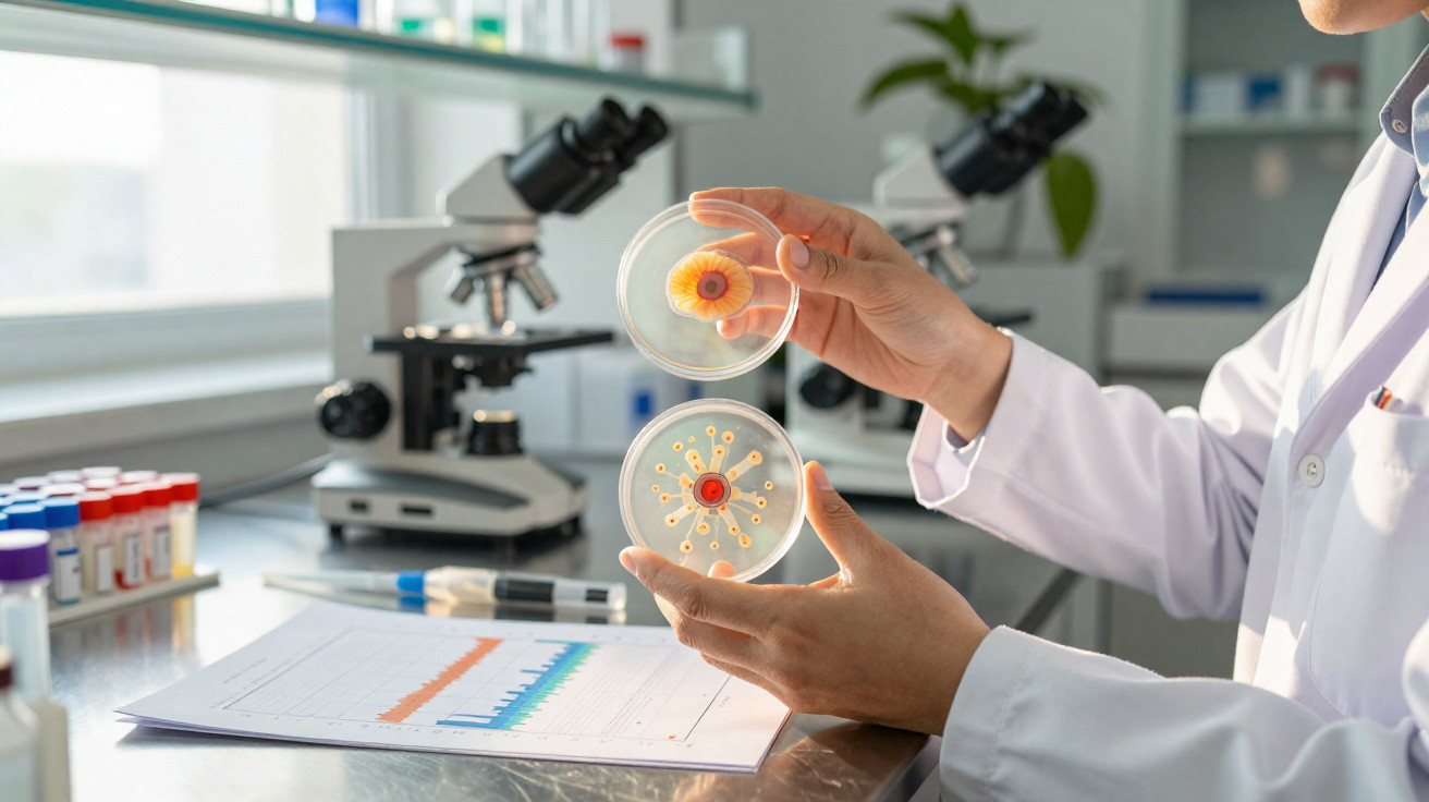 Scientist holding petri dishes with bacterial cultures in a laboratory with microscopes and test tubes nearby.