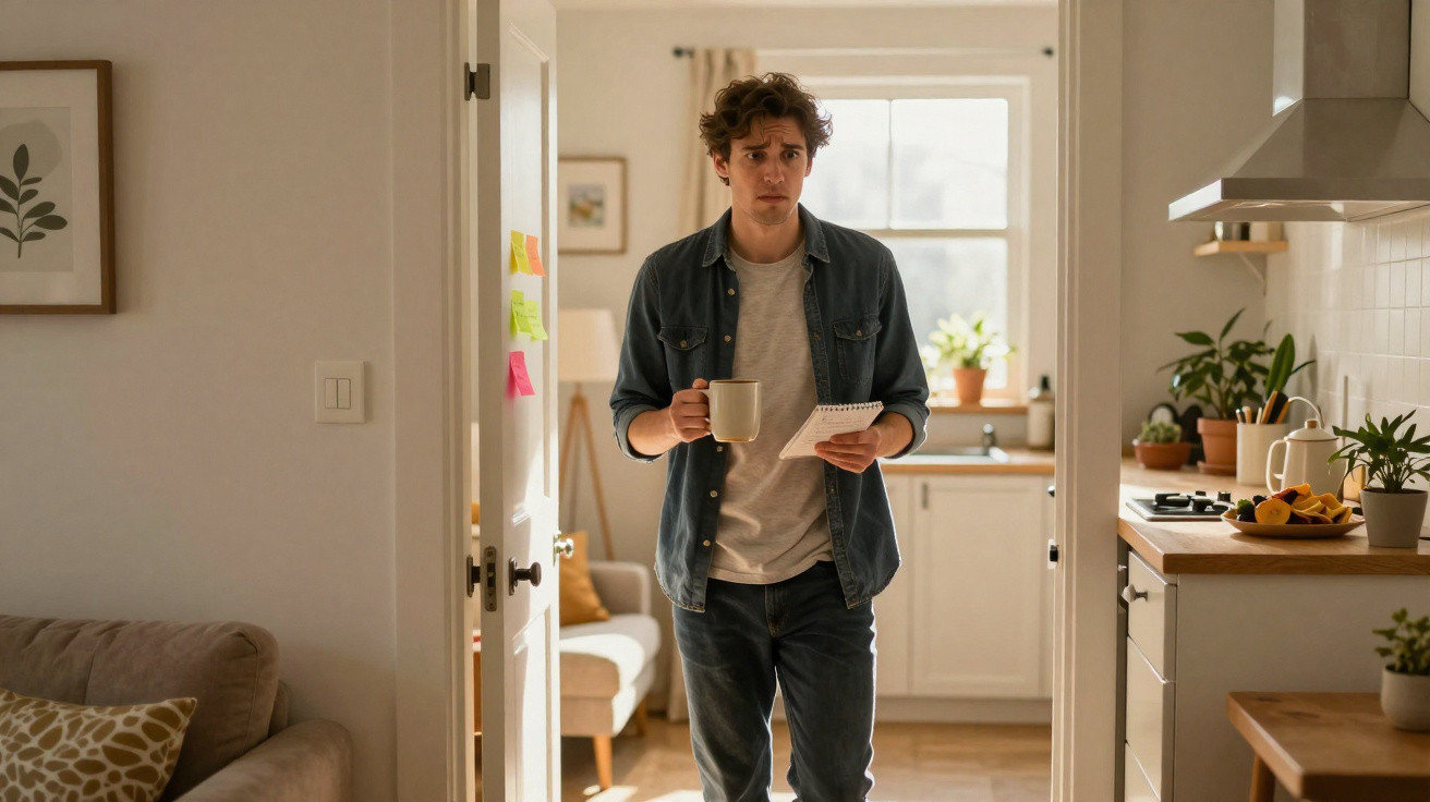 Young man holding mug and notepad, standing in doorway between kitchen and living room in a cosy home.