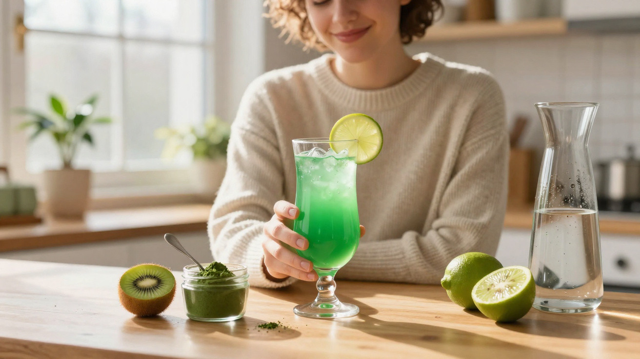 Woman holding a green lime drink with ice and a lime slice on a wooden table with kiwi and green powder nearby
