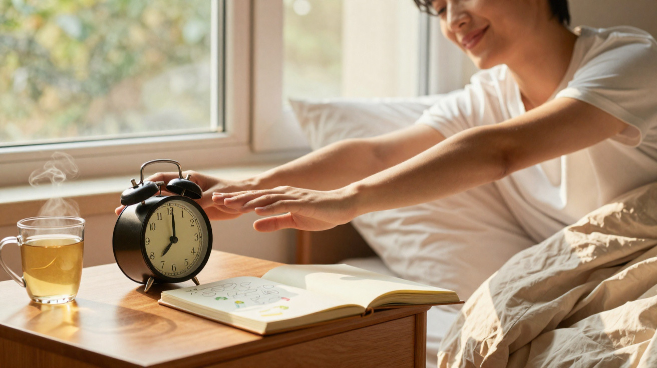 Person reaching to turn off a ringing alarm clock next to a steaming cup of tea and an open notebook on a bedside table.
