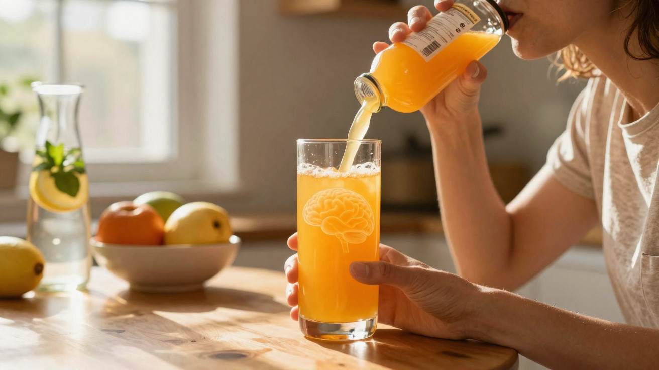 Person pouring orange juice into a glass with a brain illustration on a wooden kitchen table.