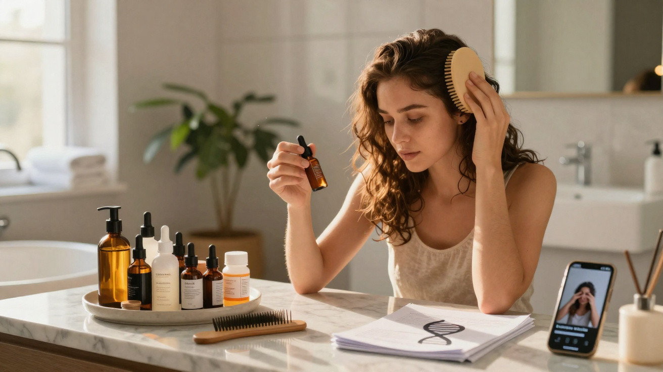 Young woman holding hair oil bottle and brushing hair, skincare bottles and smartphone on marble counter in bathroom.