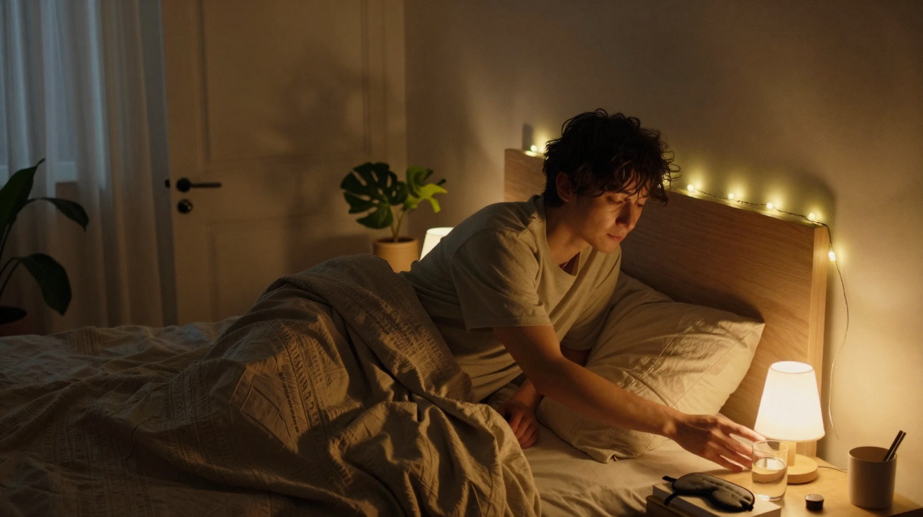 Person in bed reaching for a glass of water on a bedside table with warm fairy lights in the background.