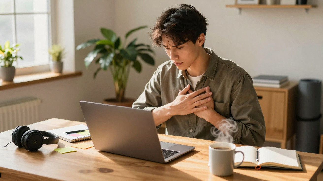 Young man sitting at desk with laptop, clutching chest, appearing unwell, with coffee and notebook nearby.