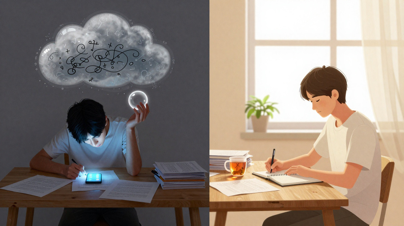 Split image of a student struggling with night study and the same student calmly studying in daylight by a window.